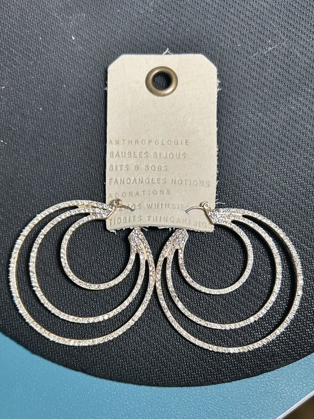 Anthropologie Gold Pavé Crystal Multi Layer Triple Hoop Earrings NWT